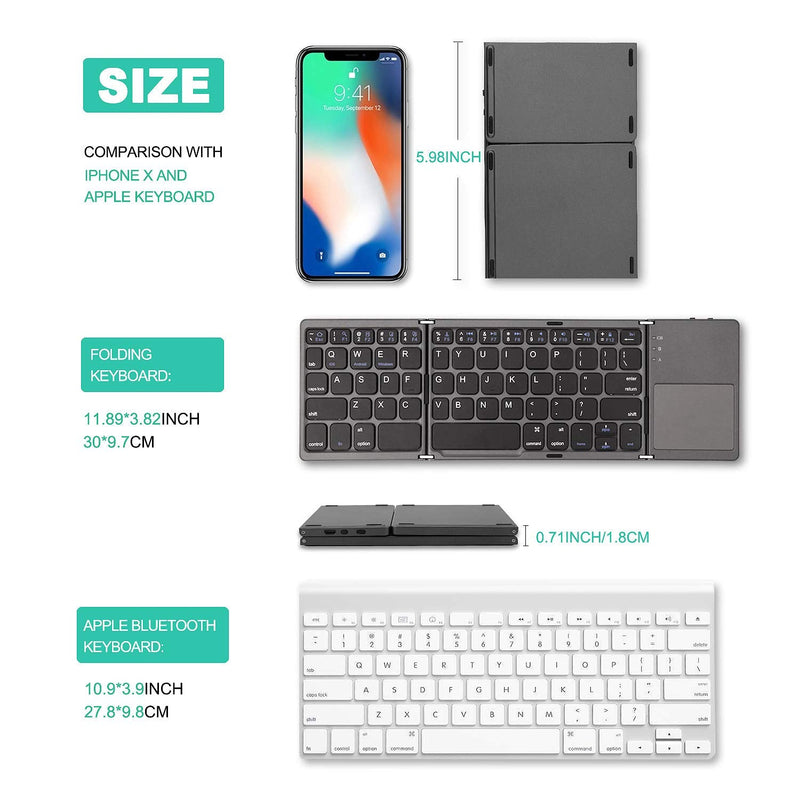 Foldable Bluetooth Keyboard with Touchpad - Samsers Portable Wireless Keyboard with Stand Holder, Rechargeable Full Size Ultra Slim Pocket Folding Keyboard for Android Windows IOS Tablet & Laptop-Gray Grey (BTx1)