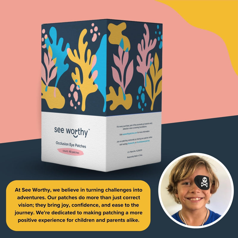 See Worthy Adventure Eye Patches - Innovative, Smart Adhesive Technology - Breathable & Comfortable Eyepatch for Lazy Eye - Soft Patches, Concave Shape & Fun Designs (48 per Box) Packaging May Vary