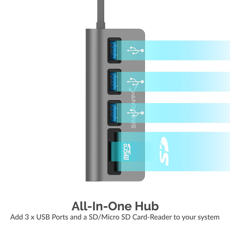 SABRENT USB-C 3.0 Hub, 5-in-1 USB SD Card Reader, SD & TF Dual Slot + 3 USB 3.0 Hub Portable Compatible with MacBook, Mac Pro/Mini, iMac, XPS, Surface Pro, Windows, Thunderbolt (HB-U3CR) USB 3.0 Type C