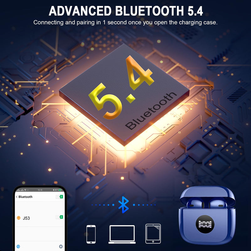 Jxrev J53 2 Pack Dark Blue and Pink Wireless Earbuds, Bluetooth Ear Buds LED Power Display Headphones Bass Stereo, Earbuds in-Ear Noise Cancelling Mic, 40H Playback Mini Case