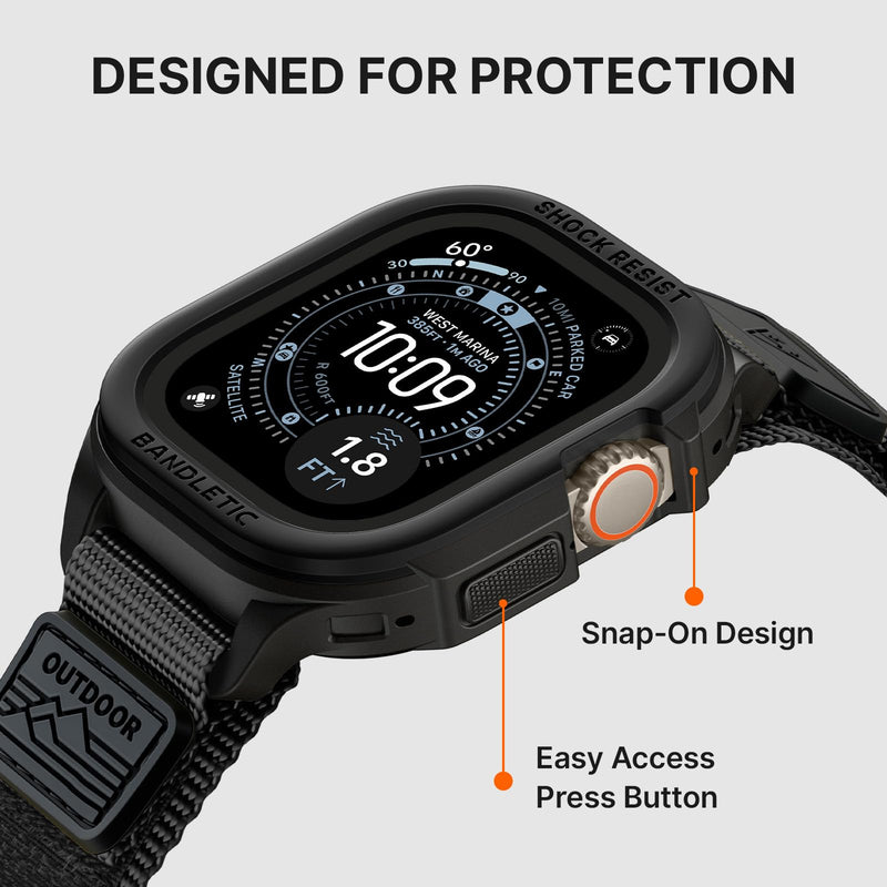 Bandletic Rugged Compatible with Apple Watch Ultra 3/2 Band 49mm with Case | Military Grade Nylon Bands Shockproof Tactical TPU Bumper Protective Men Women,Includes Screen Protector Kit (Black L,49mm) Black Large-49mm (Ultra 3/2/1)