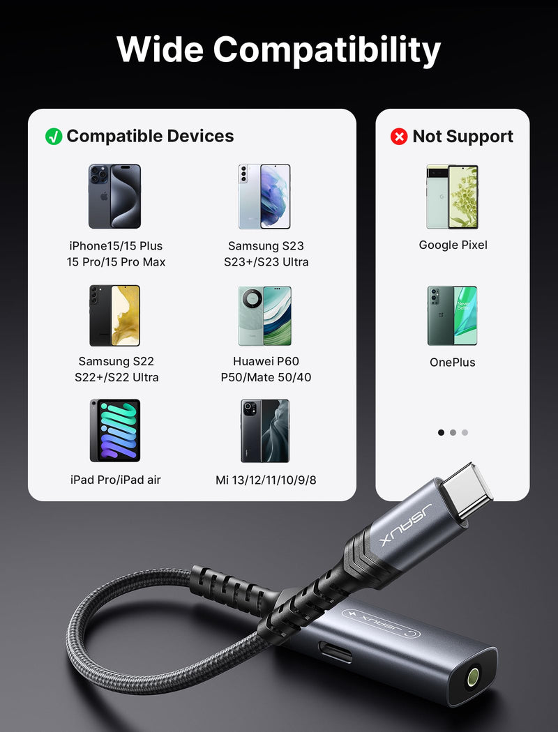 JSAUX USB C to 3.5mm Headphone and Charger Adapter, 2-in-1 AUX Mic Jack with PD 60W Fast Charging,Compatible for Earphones iPhone 15 Pro Max/15 Pro/15 Plus/15, Samsung S24/S24+/S23/S22/S21, iPad Pro Grey