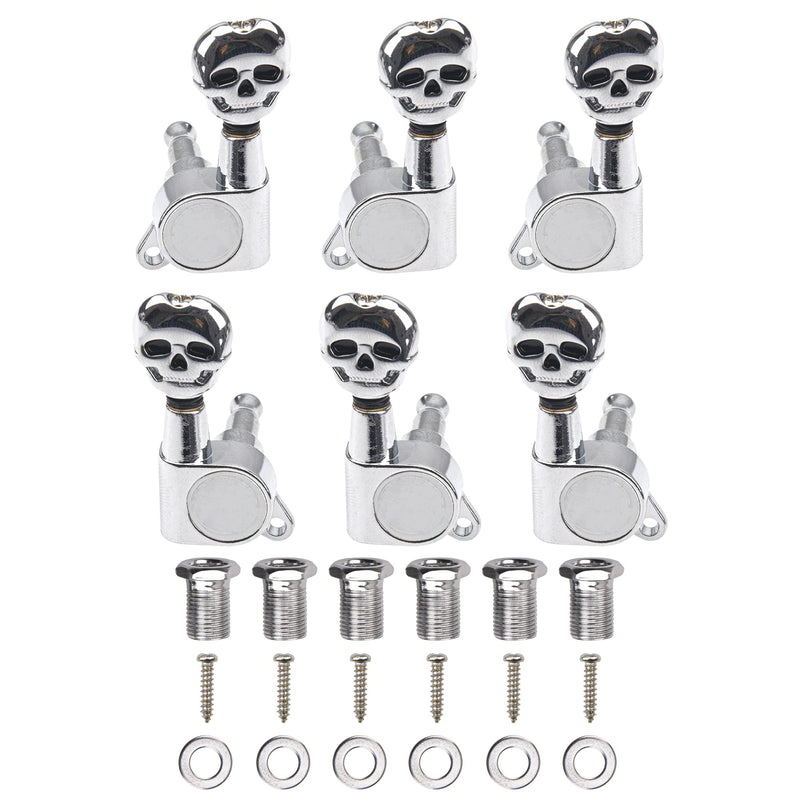 6Pcs Yootones 3L3R Skull Guitar Sealed-gear Tuning Pegs Machine Head Knobs Machine Head Tuners Compatible with Electric Guitar Acoustic Guitar Parts (Silver)