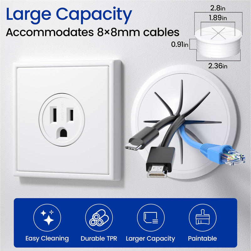 DELAMU 2 Pack in Wall Cable Management kit, 2-3/8"(60mm Hole) Wall Grommets for Cables to Hide TV Cords, Includes 2 Wall Cable Pass Throughs, 1 Hole Saw and 1 Dust Bag Easy Install, White