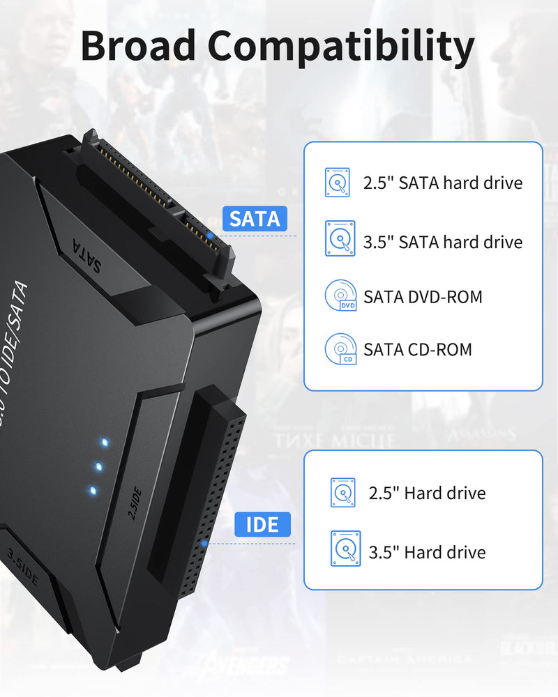 POSUGEAR USB 3.0 to IDE and SATA Adapter, External Hard Drive Reader Ultra Recovery Converter for Universal 2.5"/3.5" Inch HDD/SSD Hard Drive Disk, Hard Drive Adapter Included 12V/2A Power Adapter YYT-1