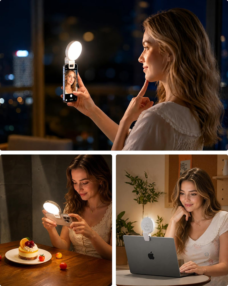 Viozon Selfie Light for iPhone Laptop, 3" Compact Clip on LED Phone Light with 360° Rotation, 1000mAh Type-C Rechargeable Zoom Meeting Light, 36H Runtime, Stepless Dimming 2800K-6500K, White