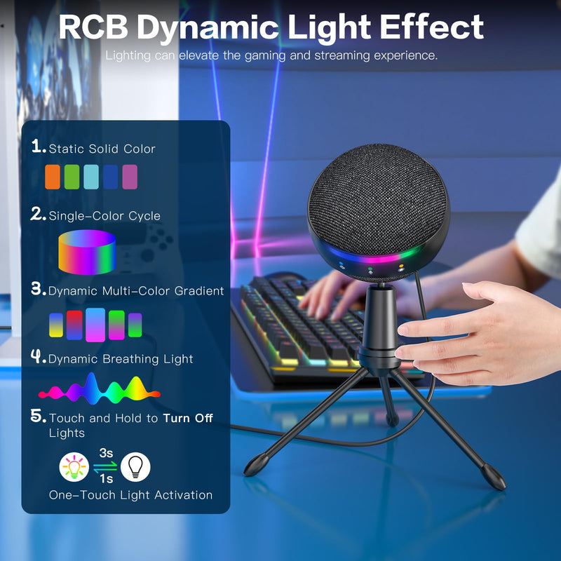 [AUSTRALIA] - ZealSound RGB USB Microphone for iPhone/PC,Mic for Phone,ASMR,Gaming,Noise Cancel Microphones with Touch Mute/Echo/Volume Gain,Real Time Monitor,Podcast,Zoom YouTube Discord Twitch Video 