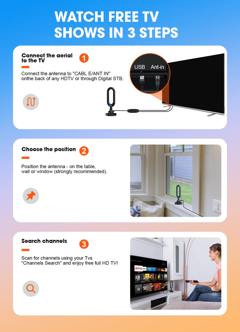WUMINGLU TV Antenna for Smart TV Indoor 2024 Newest Clear 4K Digital Antenna HD TV Up to 380 Miles Long Range Local Channels Indoor Outdoor Amplifier Signal Booster Cable Easy Setup Black