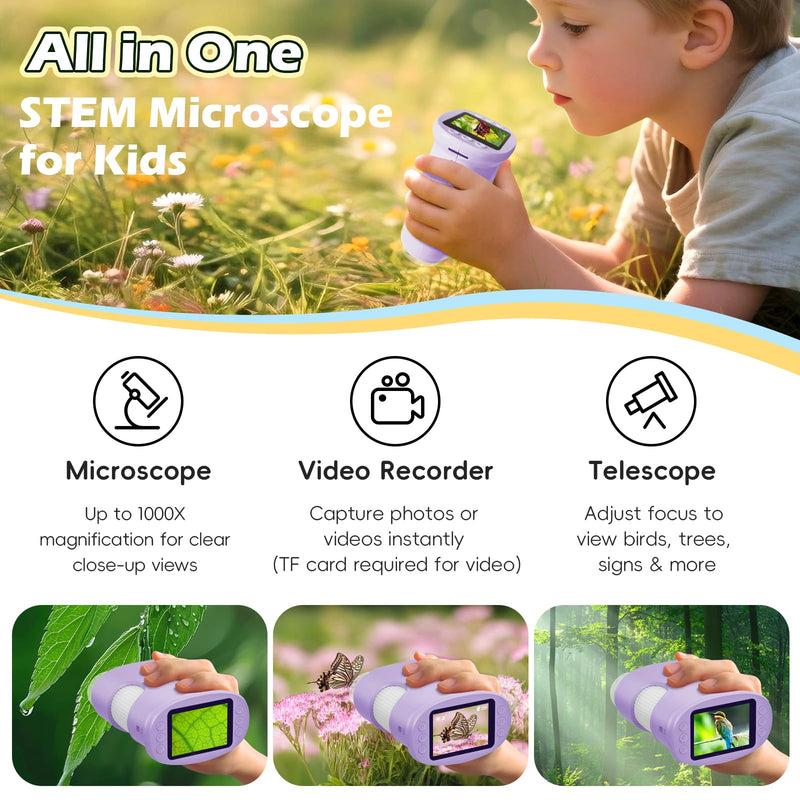 [AUSTRALIA] - Alotwan Kids Digital Microscope 1000X Zoom, Mini Pocket Handheld Microscope with Camera/Video/Telescope Function, Portable Outdoor Travel Toys for Boys Girls 3-8 Years STEM Gifts, 8GB SD Card Included Purple 