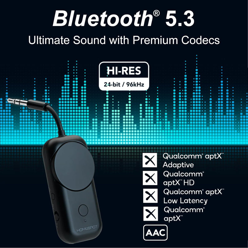 HomeSpot Bluetooth 5.3 Airplane Adapter, Rotary Volume, aptX Low Latency & Adaptive, 25 Hrs, Use with Any 3.5mm Jack on Airplanes, TVs, Car, Gym, Ideal for AirPods, Headphones and More, Black