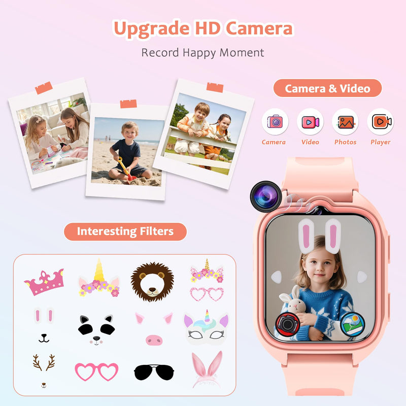 Blackview Kids Smart Watch with 32 Puzzle Games, HD Camera & Video Recording, 1.75" Touch Screen, Flashlight,Music Player, Pedometer, Alarm Clock,Stopwatch,Kids Watch for Girls Ages 4-12 Z30C-Pink