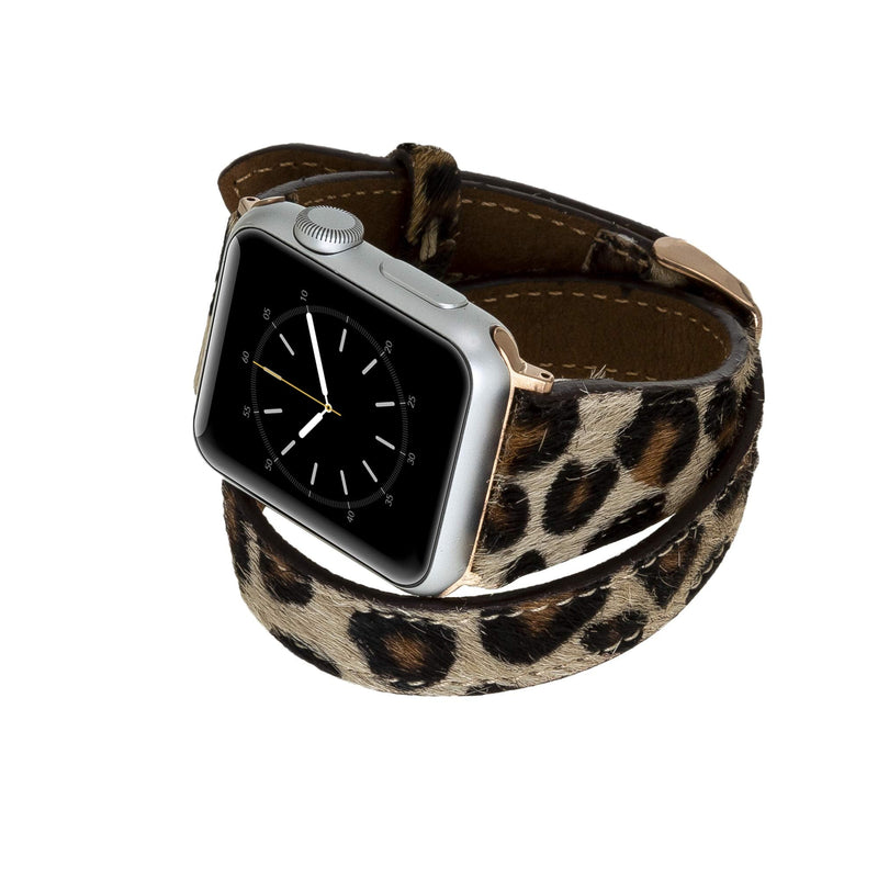 Venito Serena Slim Double Wrap Leather Watch Band Compatible with Apple Watch iwatch Series 1, 2, 3, 4, 5, 6, 7, SE (Furry Leopard w/Rose Gold Stainless Steel Hardware, 38mm-40mm)