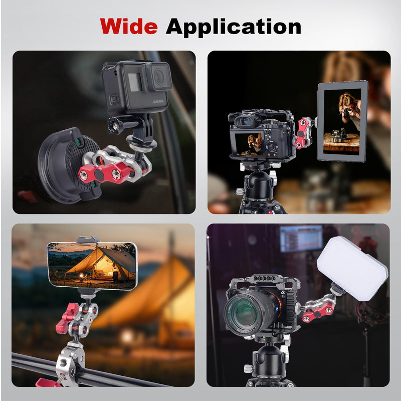 Dual Ball Head Camera Mount with 360 Degree Adjustment - Aluminum Alloy Clamp for Insta360/GoPr0/Camera Cage/LED Light/Microphone - 1/4" & 3/8" Screw Holes with Anti-Slip Design 61013