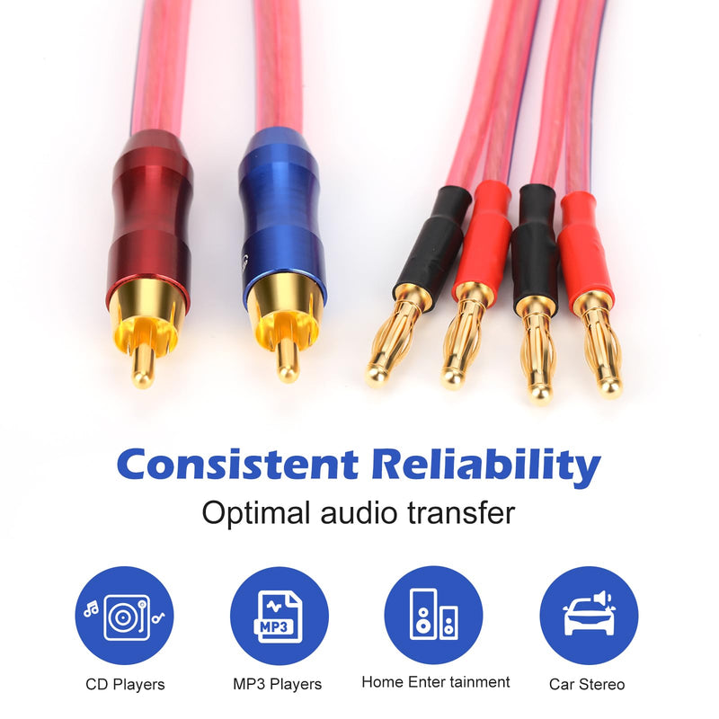 KK R1-B2-D0.5 4N OFC Speaker Wire Pair with RCA Male (Blue & Red) to 2 Pair Banana（4banana） Plugs 1.64Foot-Pair KK R1-B2-D0.5 3M/9.8Foot