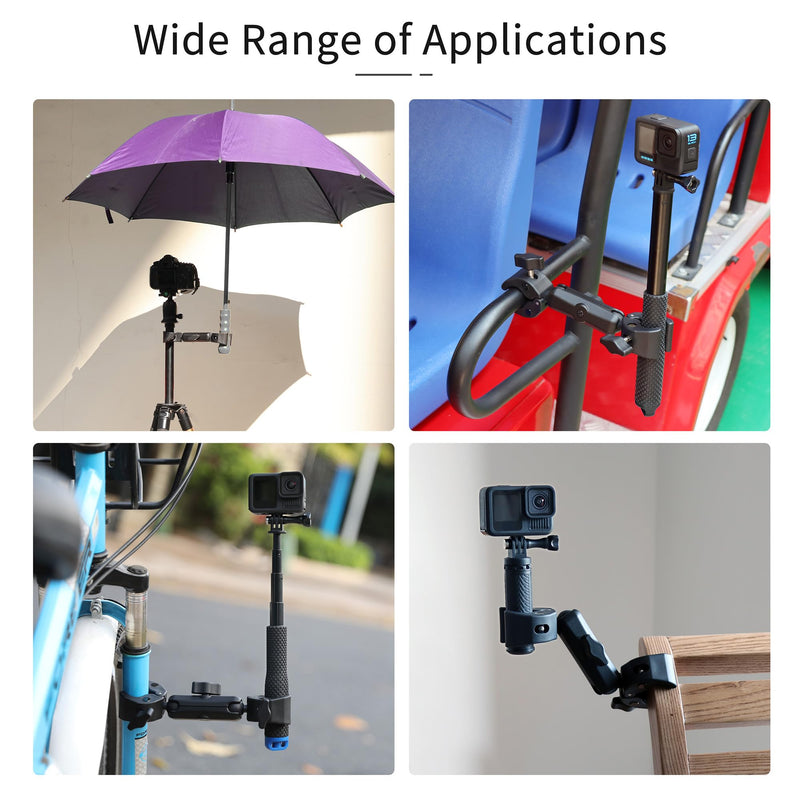 SOONSUN Double Super Clamp Camera Mount, Umbrella Clamp for Chair, Desk, Stroller, Wagons, Tripod, Pole, Light Stand, Cross Bar, Golf Cart, Motorcycle, Boom Stand, with 360° Magic Arm for Photography