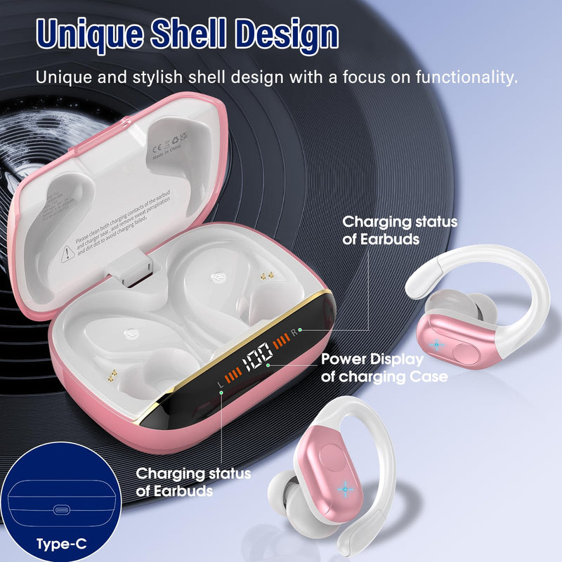 Qecnato Wireless Earbuds, Bluetooth Headphones Ear Buds, IP7 Waterproof Sports Earphones Bluetooth Earbuds with 4 ENC Mic, Running, Elegant Pink