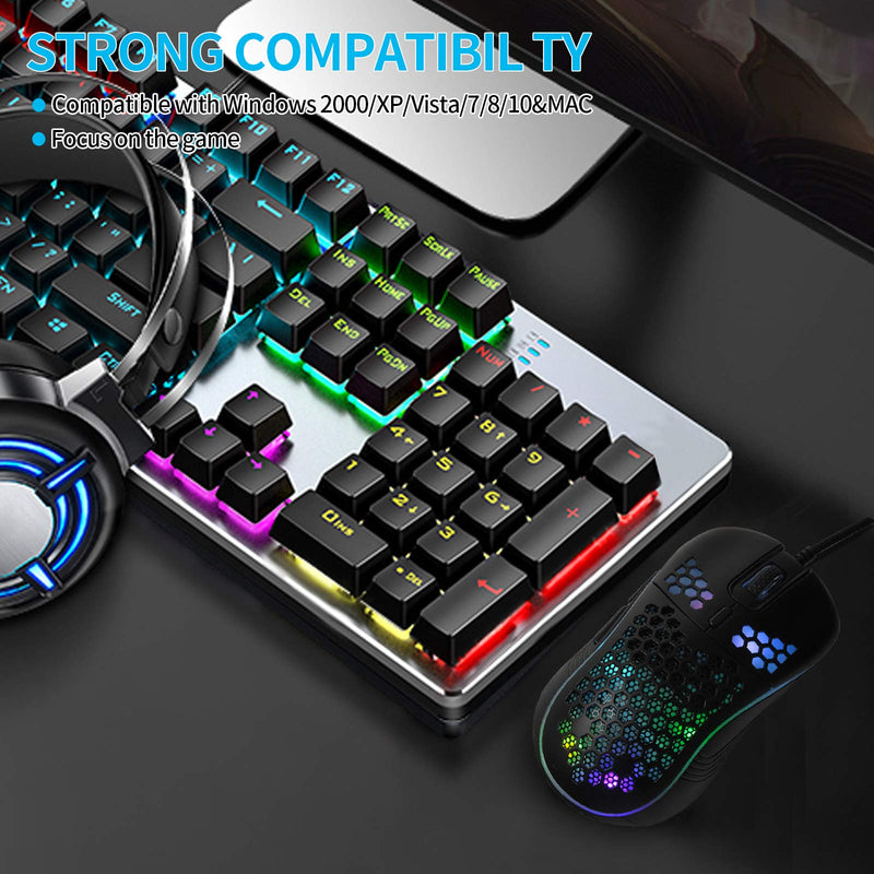 Honeycomb Wired Gaming Mouse, RGB Backlight and 7200 Adjustable DPI, Ergonomic and Lightweight USB Computer Mouse with High Precision Sensor for Windows PC & Laptop Gamers (Black) Black