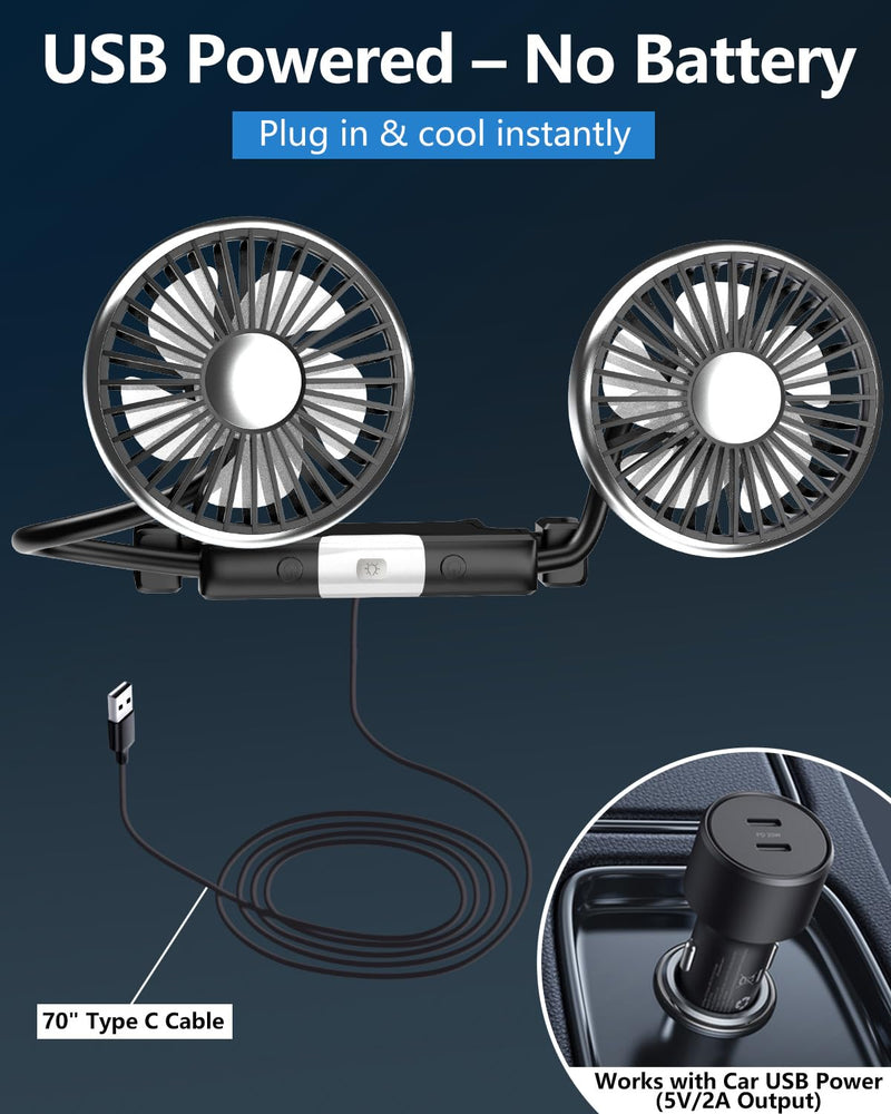 Dealswin Car Fans for Backseat Kids: USB Lightweight Dual Head Car Fan for Back Seat Baby Pets, 3 Speeds 360° Rotatable Fan for Car Powerful Car Cooling Fan Vehicle Headrest Fan for Sedan SUV RV Truck Black