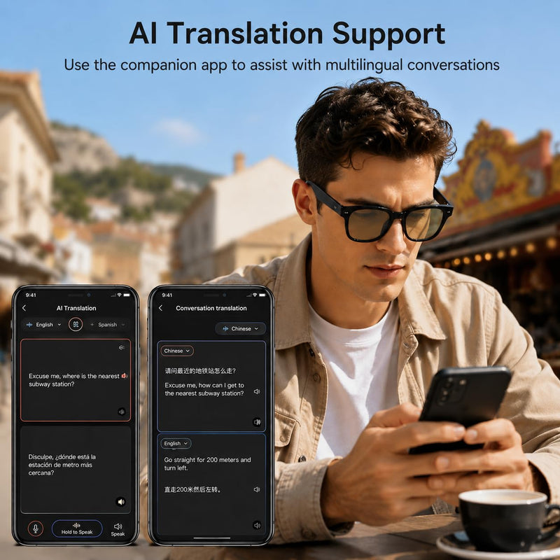 AI Smart Glasses with Photochromic Lenses, 8MP HD Camera, Bluetooth Audio | AI Translation Support; Open-Ear Audio; Dual ENC Microphones; Lightweight TR90 Frame; 290mAh Battery; Office Travel Use; Call Clear Lens