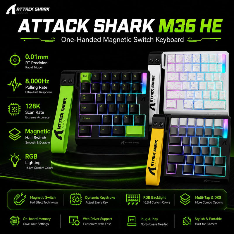 ATTACK SHARK M36 HE Gaming Keypad & X11 Wireless Gaming Mouse Combo, 36-Key Magnetic Switch Keyboard, 8000Hz Polling Rate, 0.01mm Rapid Trigger, PAW3311 Sensor, 22,000 DPI, RGB Dock, Gradient Black