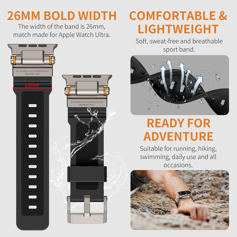 Rubber Band Compatible with Apple Watch Band 49/46/45/44/42mm, Black/Titanium and Orange/Titanium