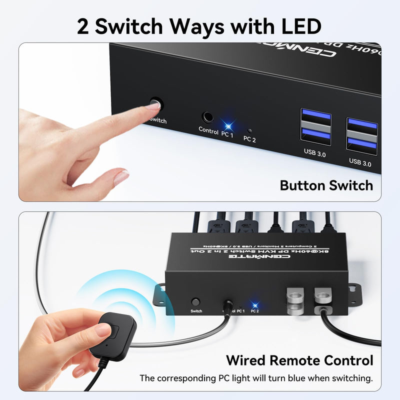 8K@60Hz Displayport KVM Switch 2 Monitors 2 Computers, with 4 USB 3.0 Ports for 2 Computers Sharing Dual Monitors Keyboard Mouse Printer with 4 DP Cables, 2 USB Cables, Power Adapter and Controller Inky black