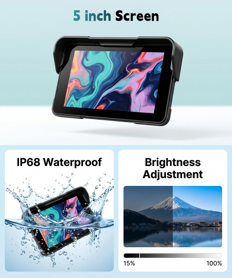 Motorcycle Wirelsss Carplay Android Auto Screen, 5" Wireless CarPlay | with Anti-Theft Design Mount, IP68 Waterproof Car Play Moto Touchscreen Dual Bluetooth Portable GPS Navigation