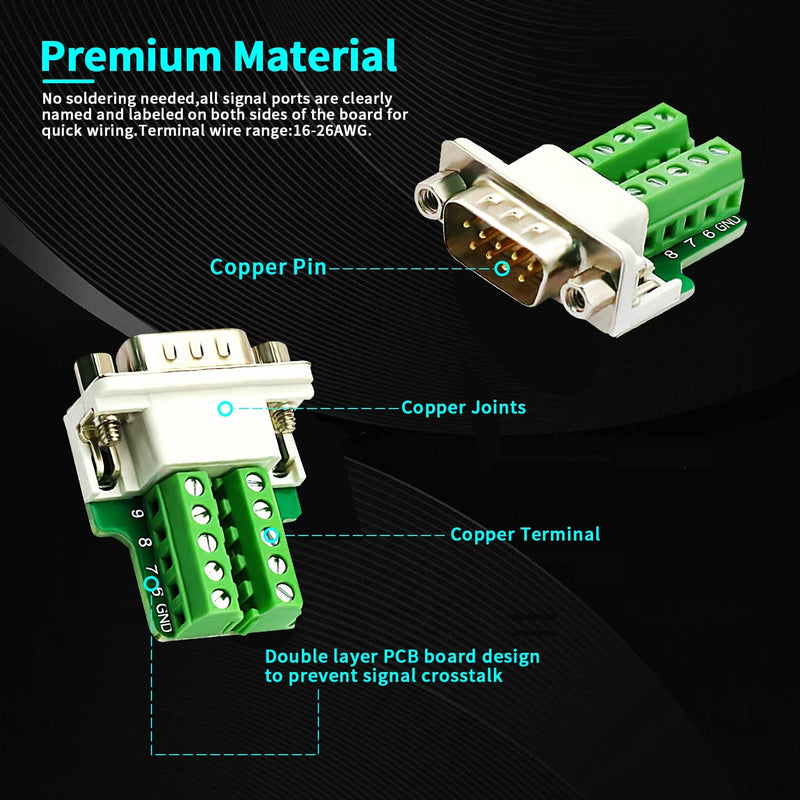 CenryKay DB9 Solderless RS232 DB9 Breakout Connector 9-pin Port Terminal Male Female Connector Board with Nut (1Pcs-Male+1Pcs-Female) 1Female+1Male+Nut