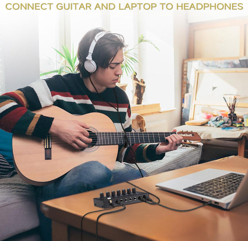 Mini 6-Channel Audio Mixer with 7 pcs 6.35mm to 3.5mm Adapter Jack, Stereo Line Mixer for Sub-Mixing, Multi-Input (Mic/Guitar/Keyboard/Bass), Powered by 5V DC