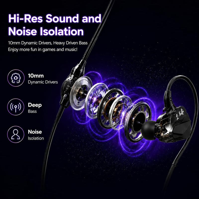 Wired Gaming Earbuds with Mic, Deep Bass in-Ear Headphones for PS5 PC Online Class(Black) Black