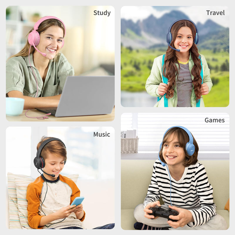 SIMOLIO-Kids-Headphones-School with-USB-C to 3.5mm Dongle, Boom-Microphone | 75/85/94dB Volume Limit,Mute Button,Bag, Stereo Over-Ear Wired Headset for iPad,iPhone,Tablet,Boy,Girl,Gaming,Travel,Airplane Rose & Navy USB C & 3.5mm