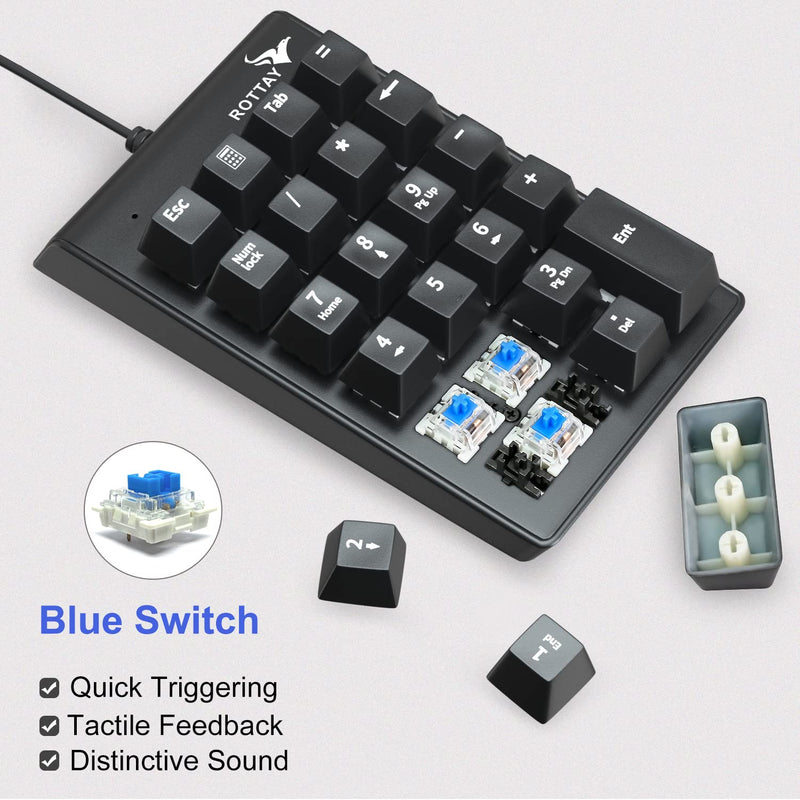 Number Pad, ROTTAY Mechanical USB Wired Numeric Keypad with Blue LED Backlit 22 Key Numpad for Laptop Desktop Computer PC Black (Blue switches)