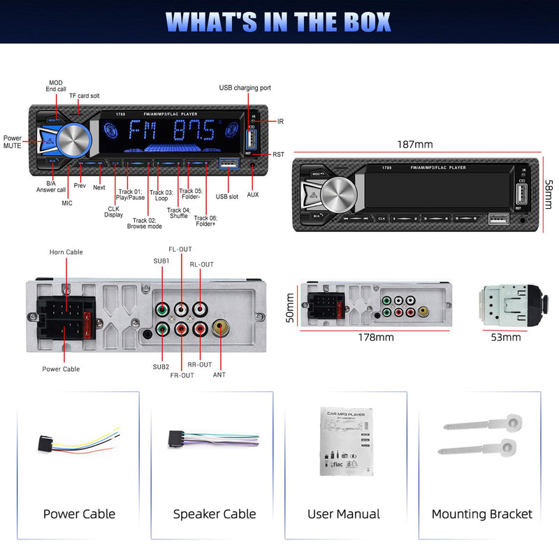 Single Din Car Stereo Bluetooth Hands Free Calling Car Audio Receivers with Digital LCD Display FM Car Radio MP3 Player Quick Charge USB/SD/AUX-in Built-in Microphone MP3+Quick Charge