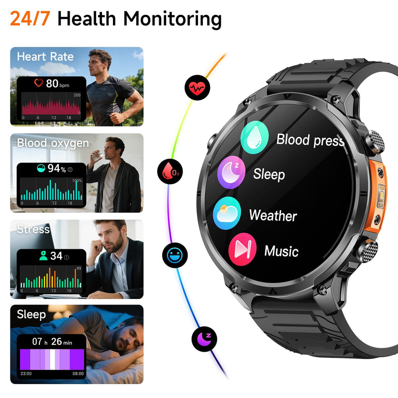 2026 New Military Smart Watches Built-in GPS and Compass with Heart Rate/SpO2/Sleep Monitor, 1.7" HD Display Outdoor Smartwatch with 720MAH/Flashlight/Bluetooth/100+Sports Modes, Android iOS Black