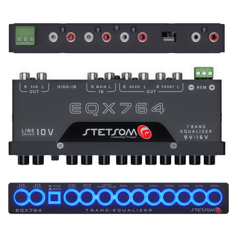 Stetsom EQX764-7 Band Equalizer, Pre-Amp Car Audio Graphic Equalizer with 4 Inputs (RCA & High) 6 Outputs, 10v Line Driver to Avoid Noise and Dedicated Sub Controls (Level & Frequency)