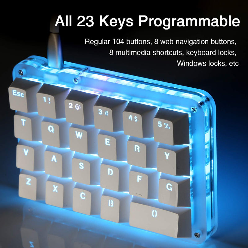 Koolertron One Handed Macro Mechanical Keyboard, Portable Mini One-Handed Mechanical Gaming Keypad 23 Fully Programmable Keys ((Blue Backlit/Blue switches)) White/Blue backlit/Blue switches