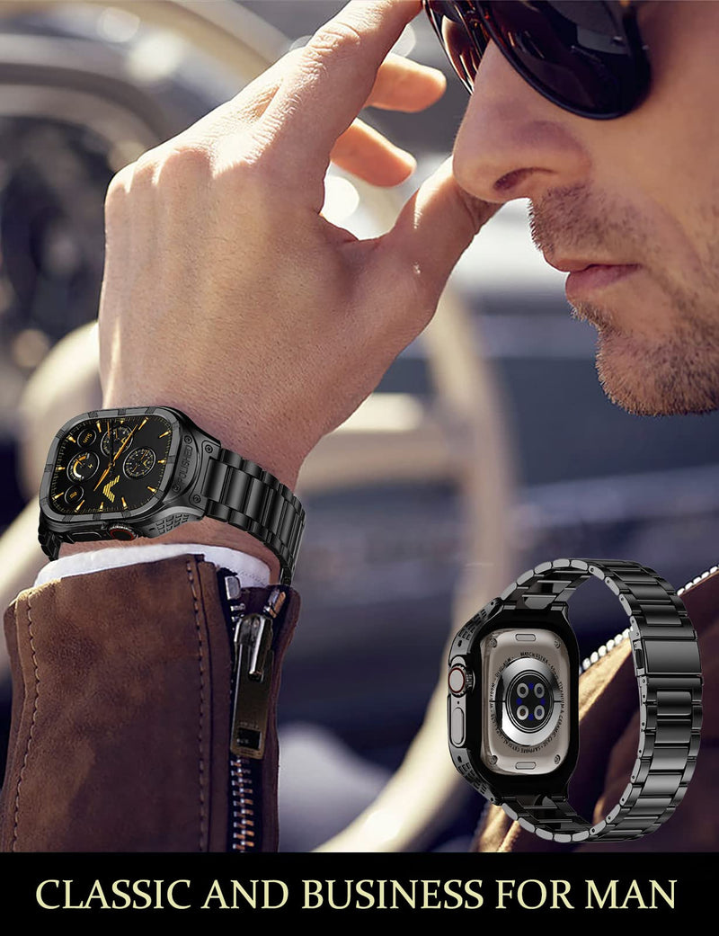 Stainless Steel Case and Band Compatible for Apple Watch Band 44mm 42mm,Rugged Apple Watch Case with Metal iWatch Bands for Men Series 6 5 4 3 2 1 SE (Black)