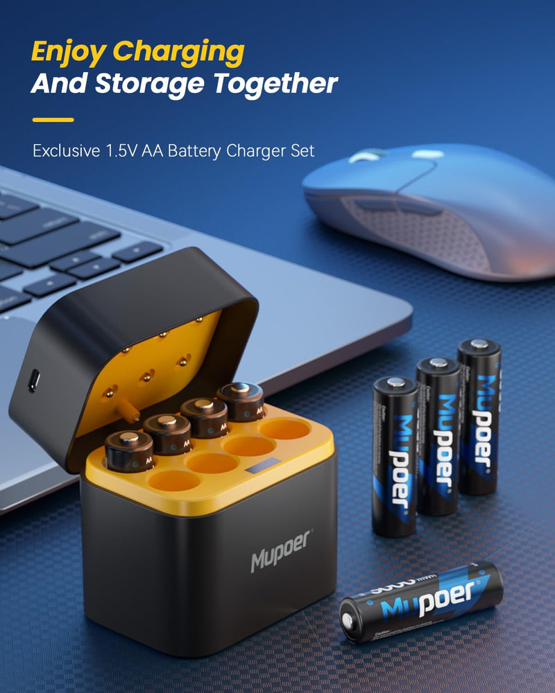 Rechargeable AA Batteries Lithium with Charger, 8 Pack 1.5V 3000mWh Double A Batteries Rechargeable, Long Lasting AA Li-ion Battery with Integrated Charging Storage Box - Blue