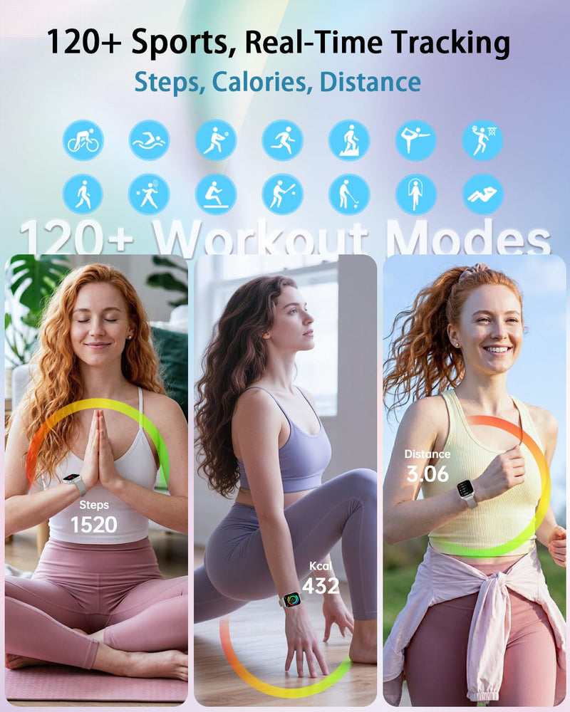 Smart Watch for Women with Bluetooth Call, 1.85" Fitness Tracker, Silver | 1000mAh Long Battery Life, Heart Rate SpO2 Sleep Monitor, Health Cycle Tracker, 120+ Sports, 4 Bands, Android iOS Compatible
