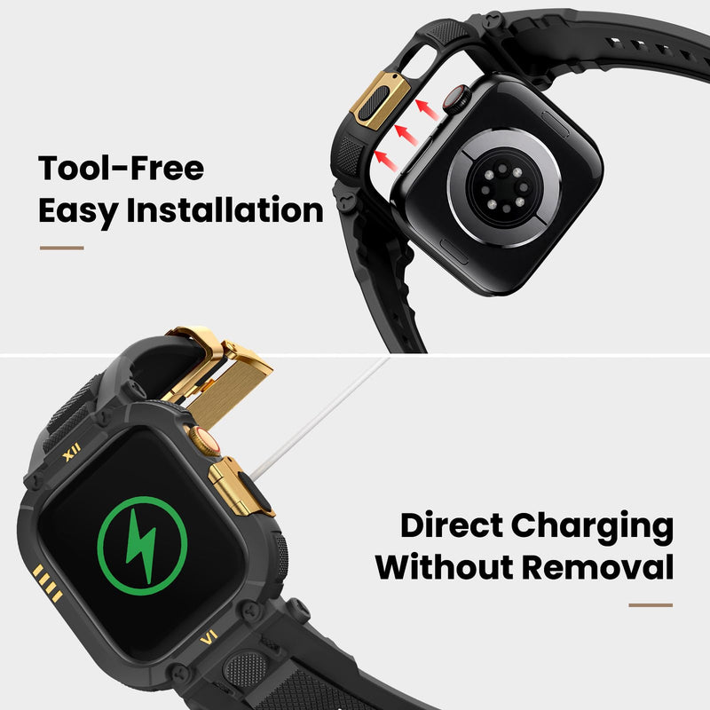 DABAOZA Rugged Leather Band with Case Compatible for Apple Watch 45mm 44mm Metal Replacement Strap Series 9 8 7 6 5 4 SE 3