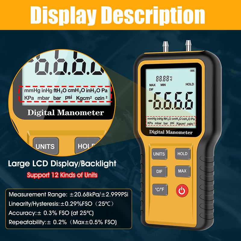Differential Pressure Gauge Gas Pressure Gauge Dual Port Professional Pressure Gauge Air Pressure Meter 12 Selectable Units Differential Pressure Gauge with Battery & Backlight HVAC Yellow (12 units)