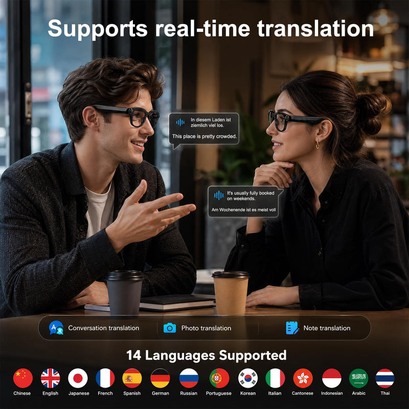 Smart Glasses 8MP Camera Real Time Translation AI Voice Object Recognition