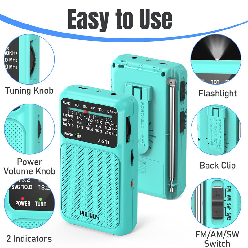 PRUNUS J-211 Portable Radio AM FM with USB Charging and AA Battery Operated, Transistor Radio, Strong Reception& Clear Speaker, Headphone Jack, Back Clip, Lanyard, Small radios Portable AM FM Blue
