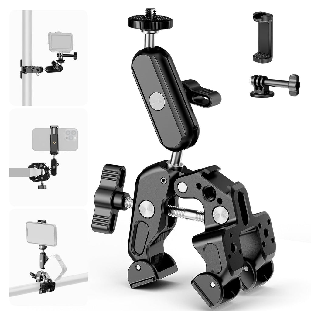 Neewer Super Clamp with 3" Dual Ballhead Magic Arm, Camera Phone Clamp Mount with 1/4" 3/8" Threads, Phone Holder Action Camera Adapter Compatible with GoPro DJI iPhone 16 15 Pro Max Plus, ST88