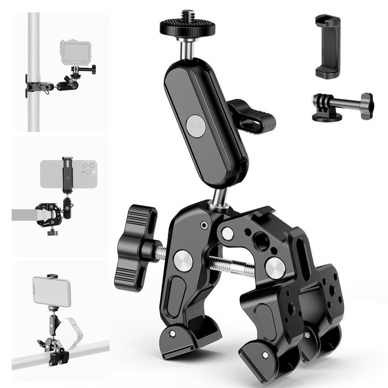 Neewer Super Clamp with 3" Dual Ballhead Magic Arm, Camera Phone Clamp Mount with 1/4" 3/8" Threads, Phone Holder Action Camera Adapter Compatible with GoPro DJI iPhone 16 15 Pro Max Plus, ST88