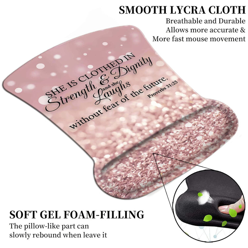 Ergonomic Mouse Pad Wrist Support Gel and Keyboard Wrist Rest Set Proverbs 31:25,Bible Verse Pink Glitter Design for Laptop, Mac, Gaming and Office, Durable, Comfortable and Pain Relief + Coaster Yu-mousepad-2-3