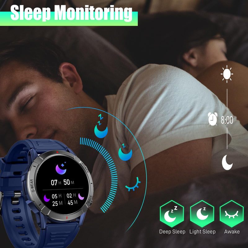 Military Smart Watch for Men Make/Answer Calls 1.43" AMOLED Display | Rugged Outdoor Tactical Smartwatch with 110+ Sports Modes, Heart Rate & Sleep Monitor Sports Fitness Watch for Android iOS Blue
