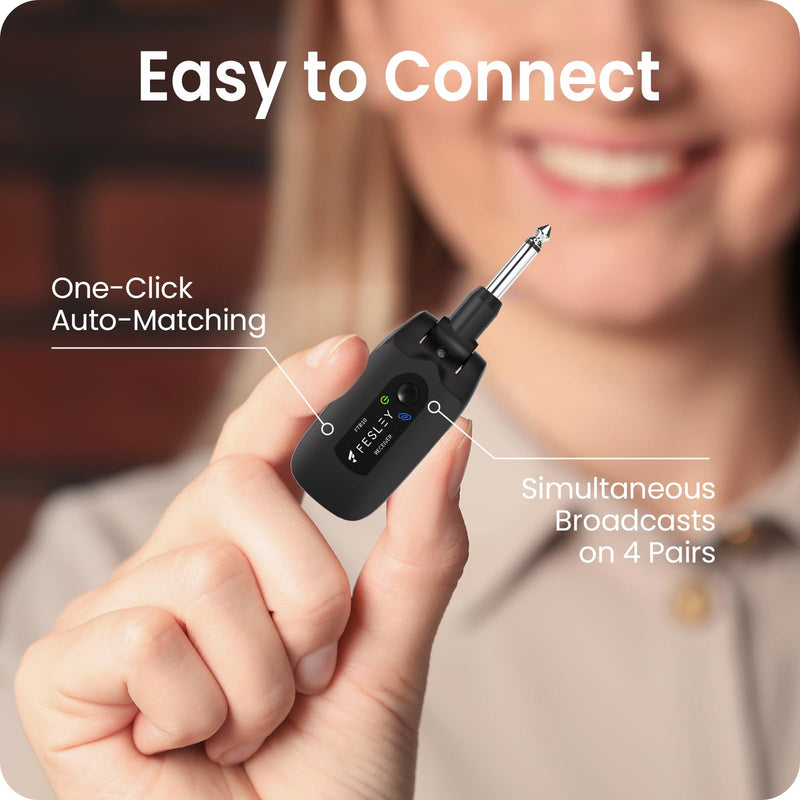 Fesley 2.4GHz Wireless Guitar System: Better Audio Resolution, One-Click Auto-Matching, 10-Hour Battery Rechargeable Audio Digital Wireless Guitar Transmitter Receiver for Bass Electric Instruments