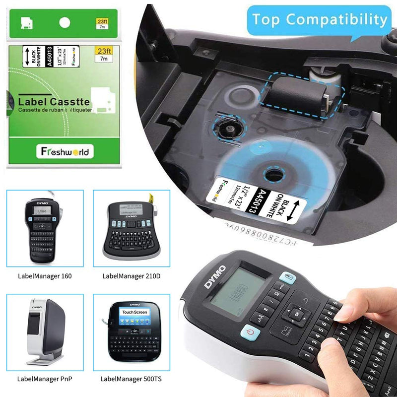 [AUSTRALIA] - Freshworld Compatible Tape Replacement for Dymo D1 Labels Tape 45013 S0720530 Refill, Black on White,1/2 Inch x 23 Ft, Labeling Tape for Dymo LabelManager PnP 160 360D 280 420P 450 Duo Label Maker,3P 3 