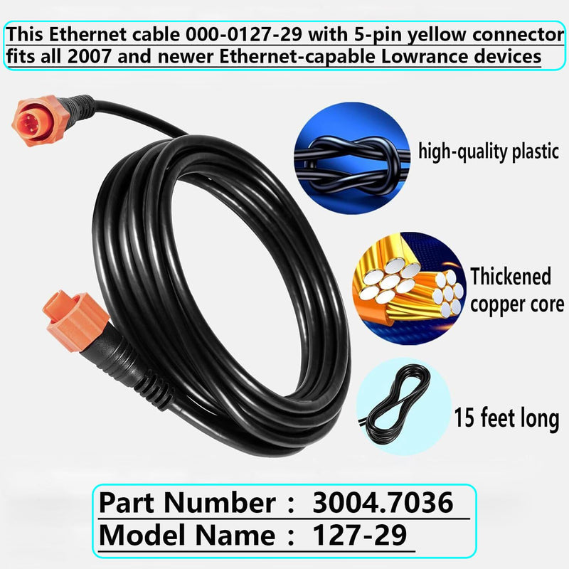 15-Feet Ethernet Crossover Cable with 5-Pin Yellow Connector for Lowrance Cat 6 Cable 000-0127-29, 3004.7036 15 Feet ( 3004.7036 )